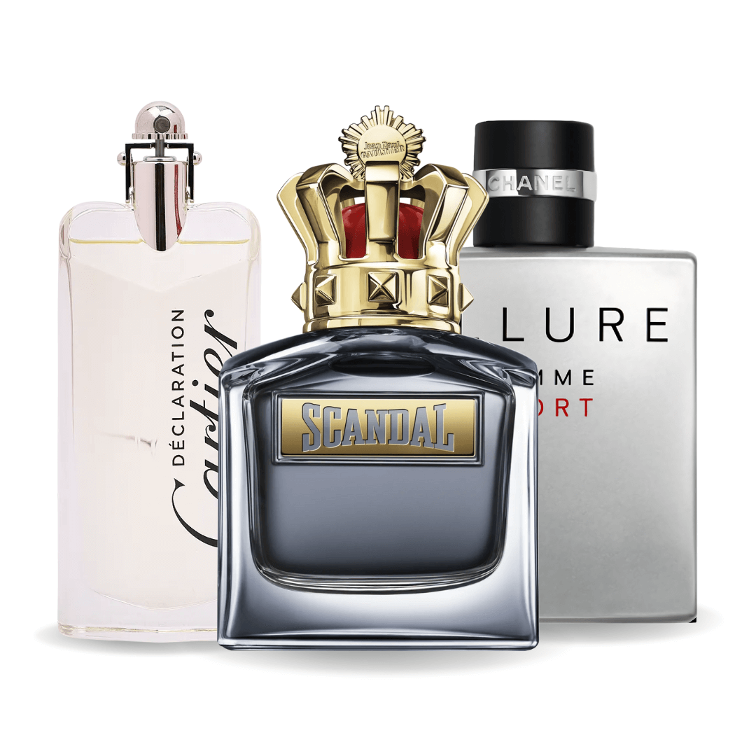 Conjunto de 3 perfumes Allure Homme Sports, Jean Paul Gaultier Scandal, Cartier Declaration 100ml